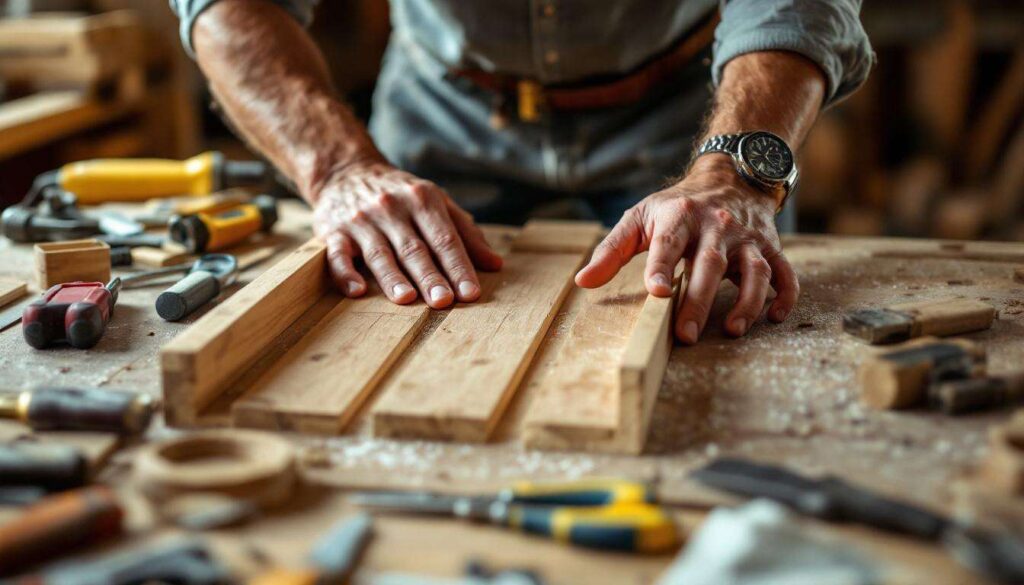 Ein handwerker zeigt wie man mit paletten eine nachhaltige garderobe fur den flur baut