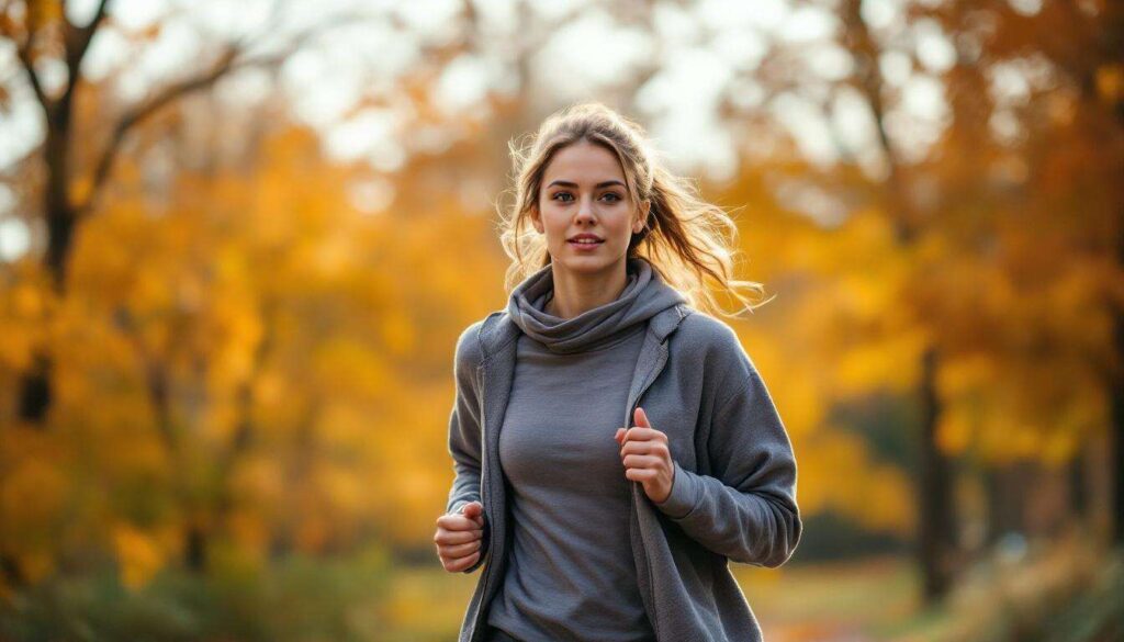 Eine junge frau teilt wie sie mit jogging im park ihre figur im herbst 2025 formt