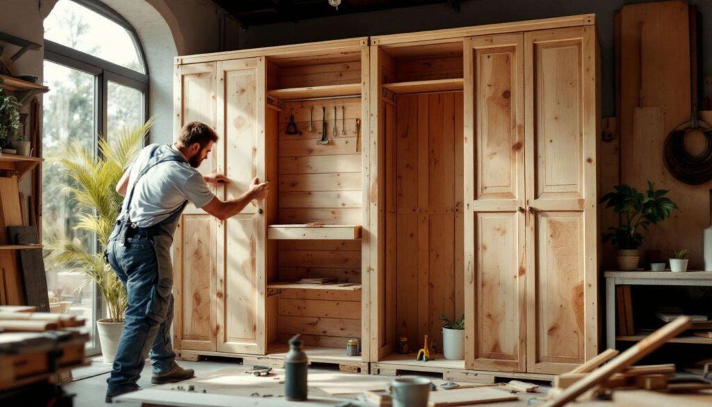 Ein handwerker zeigt wie man mit paletten eine nachhaltige garderobe fur den flur baut