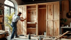 Ein handwerker zeigt wie man mit paletten eine nachhaltige garderobe fur den flur baut